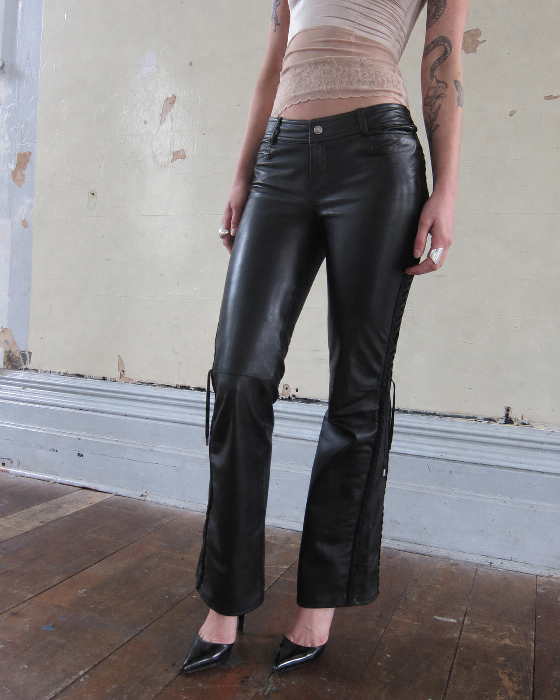FW2002 BRAIDED LEATHER PANTS
