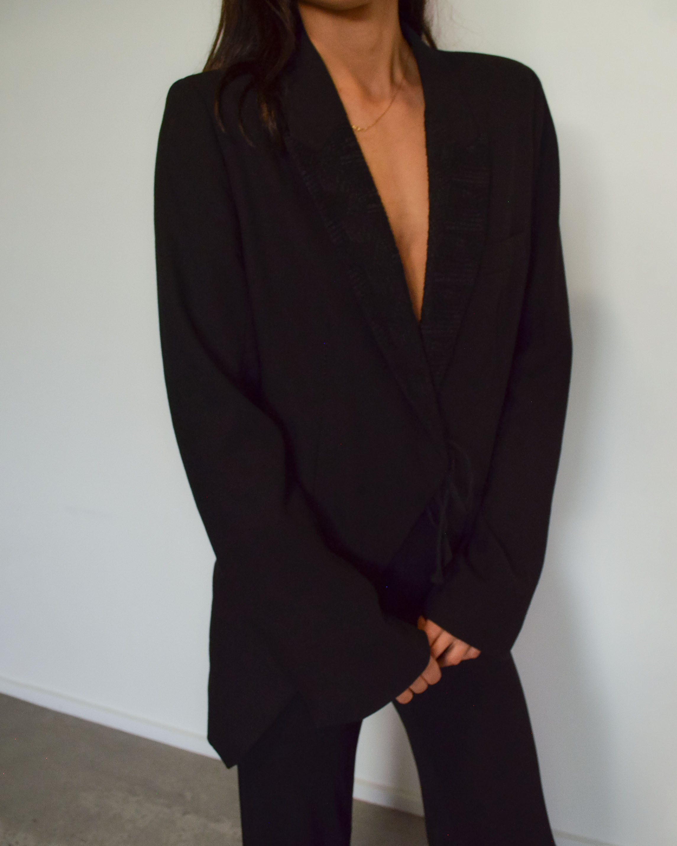 BLACK TAILORED TIE FRONT BLAZER JACKET
