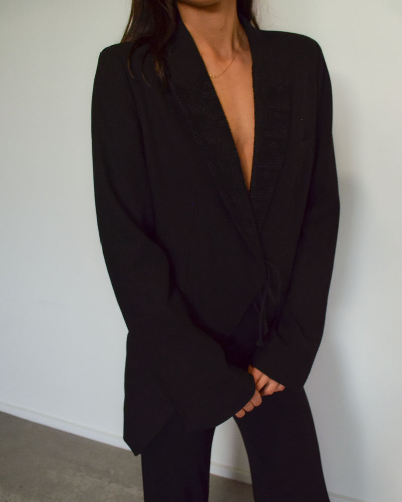 BLACK TAILORED TIE FRONT BLAZER JACKET