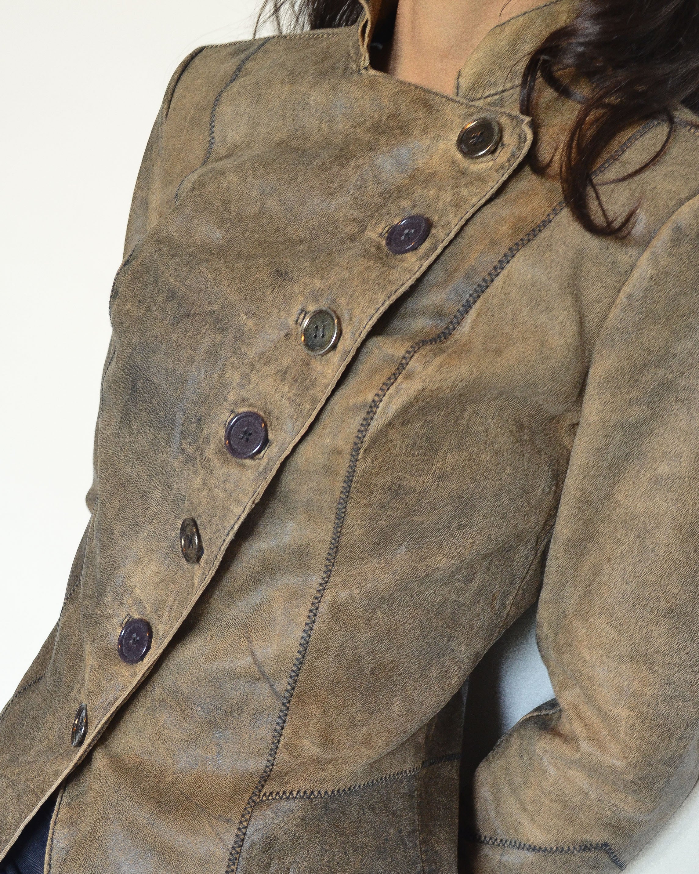 ASYMMETRICAL DISTRESSED LEATHER JACKET