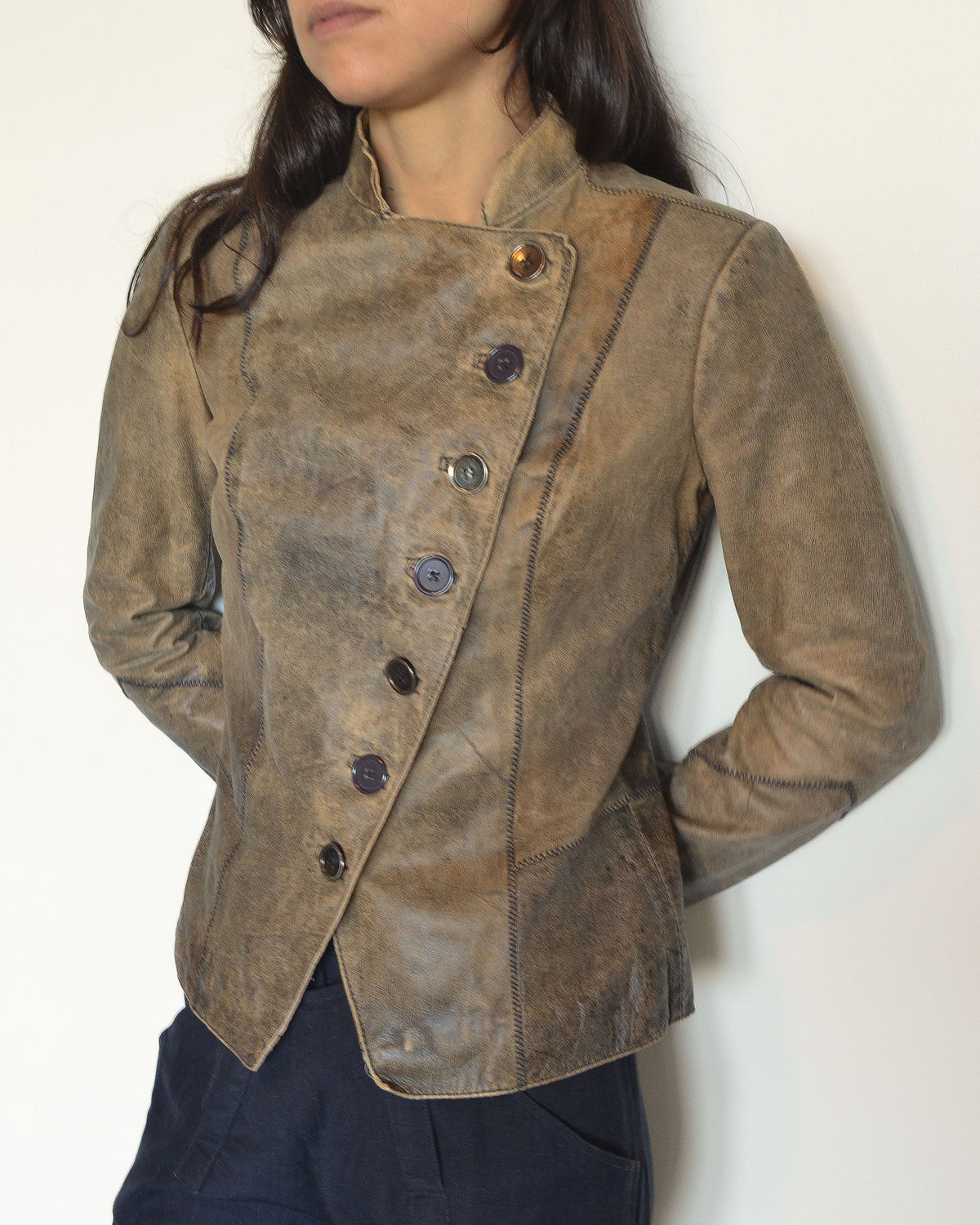 ASYMMETRICAL DISTRESSED LEATHER JACKET