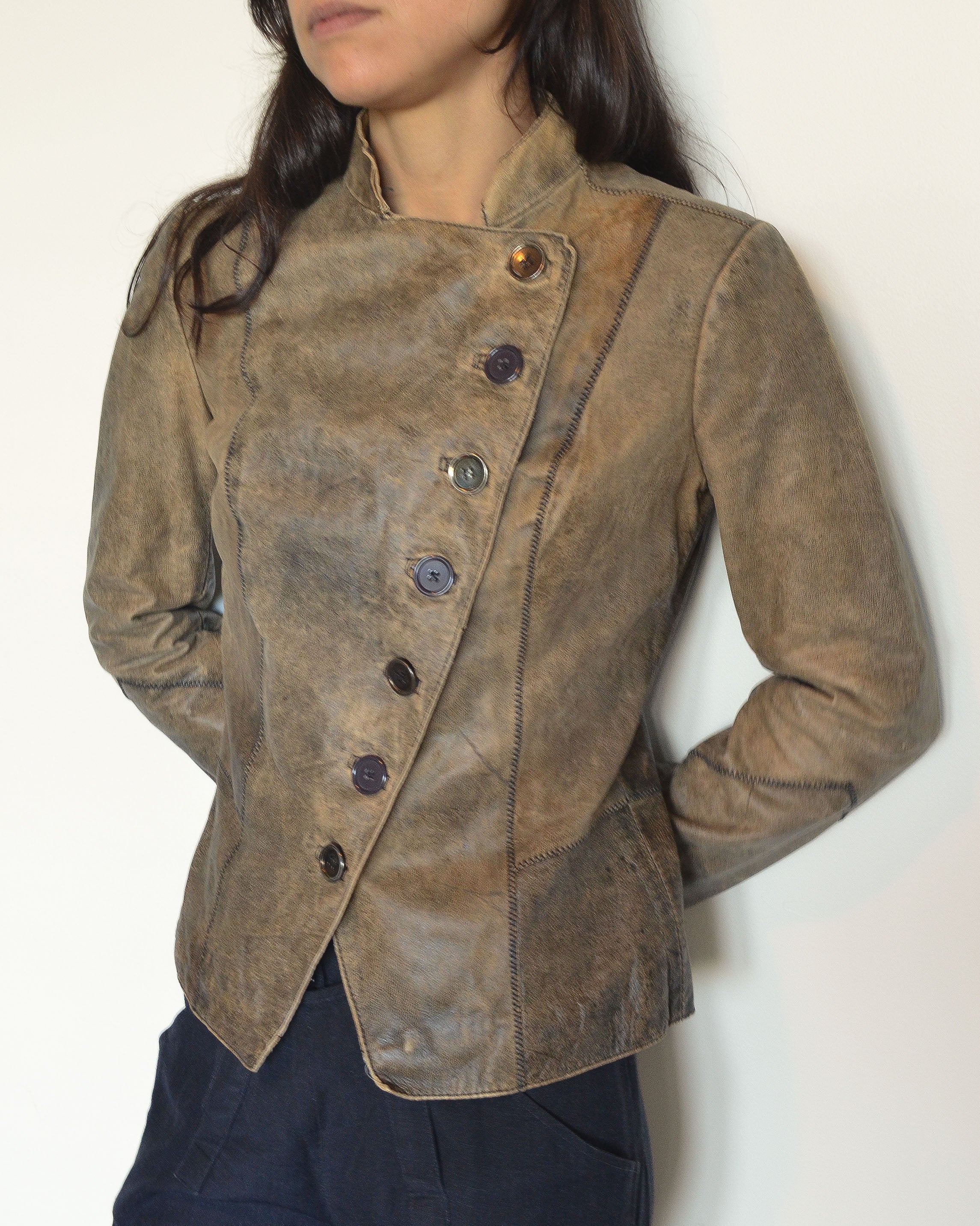 ASYMMETRICAL DISTRESSED LEATHER JACKET