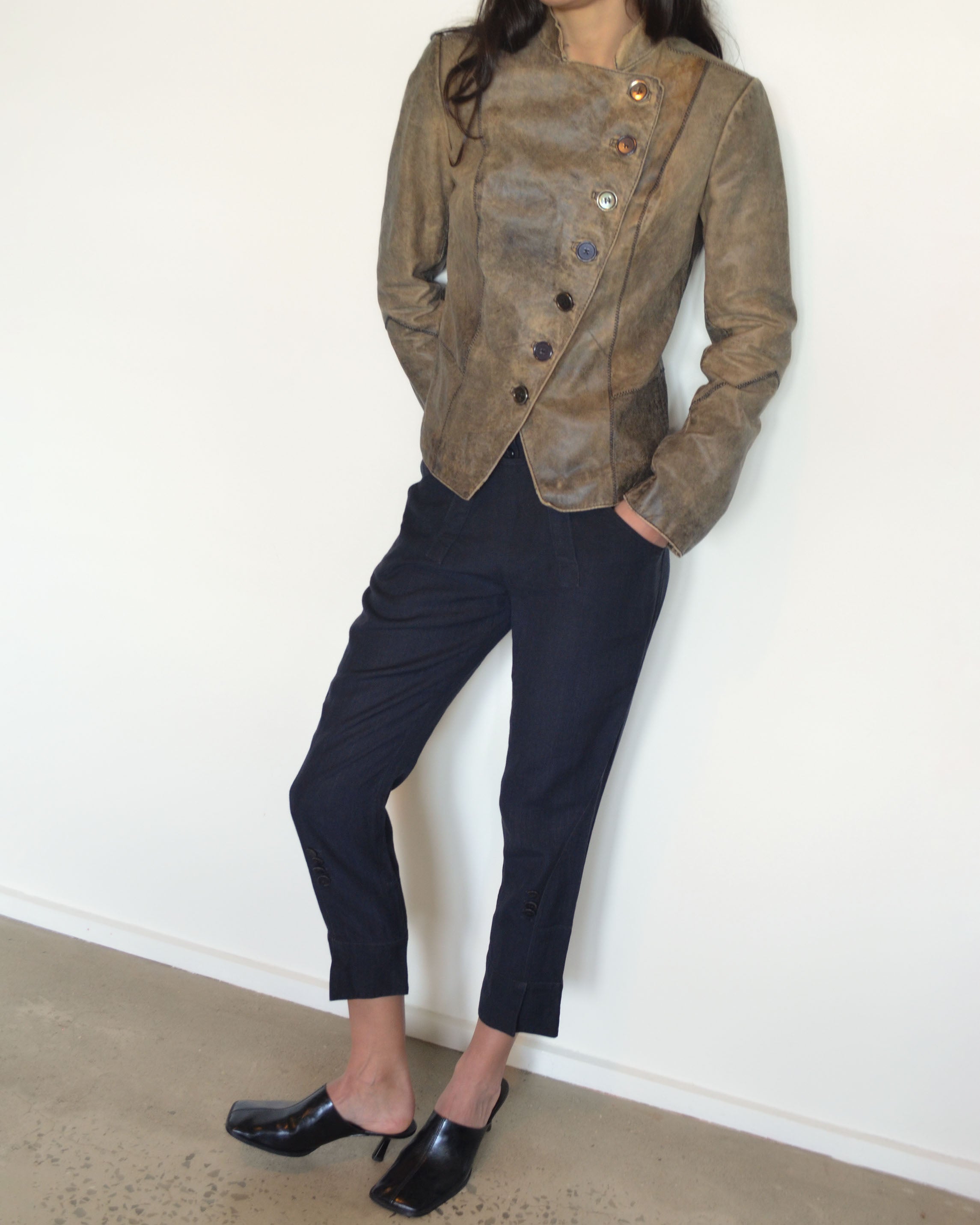 ASYMMETRICAL DISTRESSED LEATHER JACKET