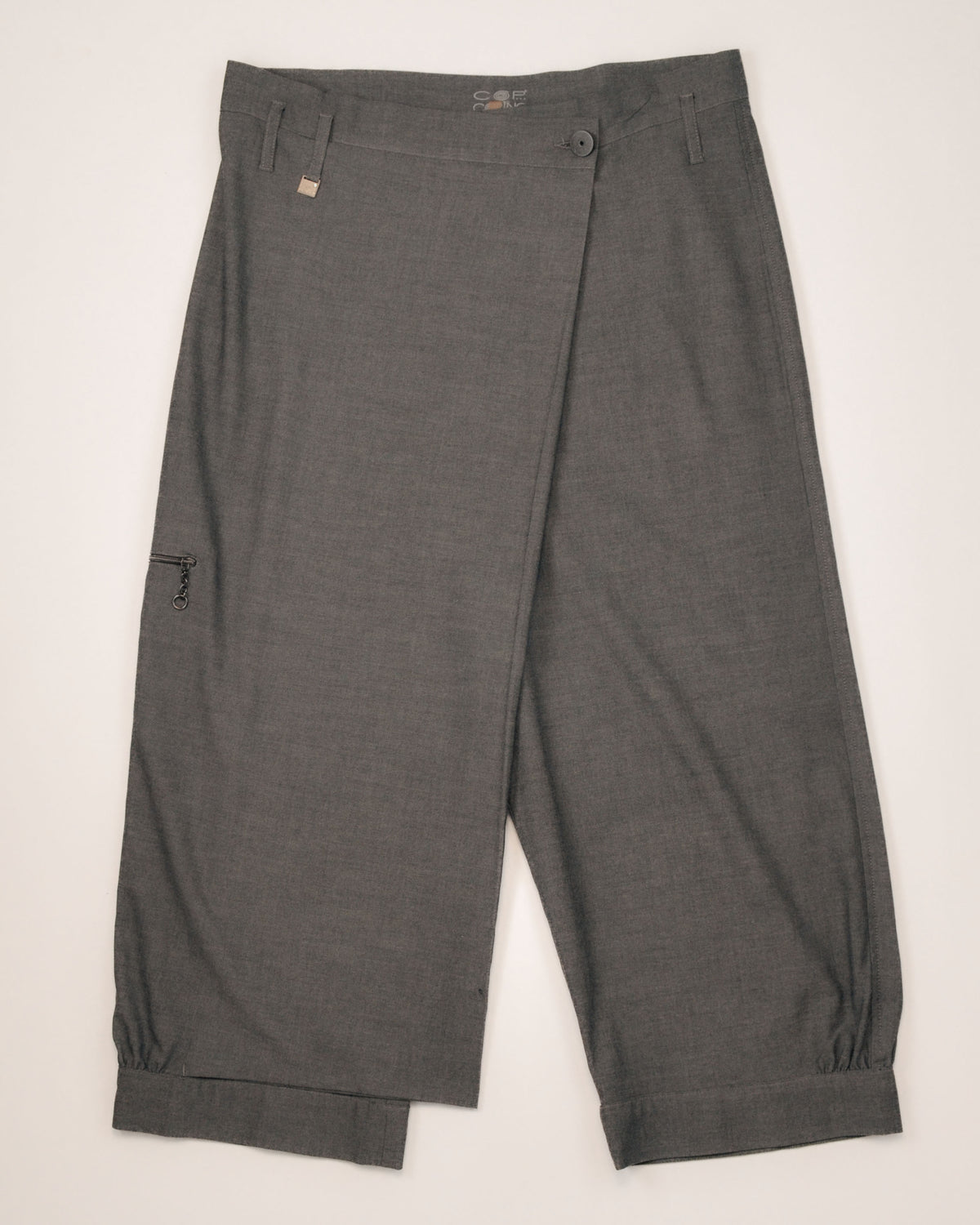2000S GREY ASYMMETRIC WRAP CAPRI TROUSERS