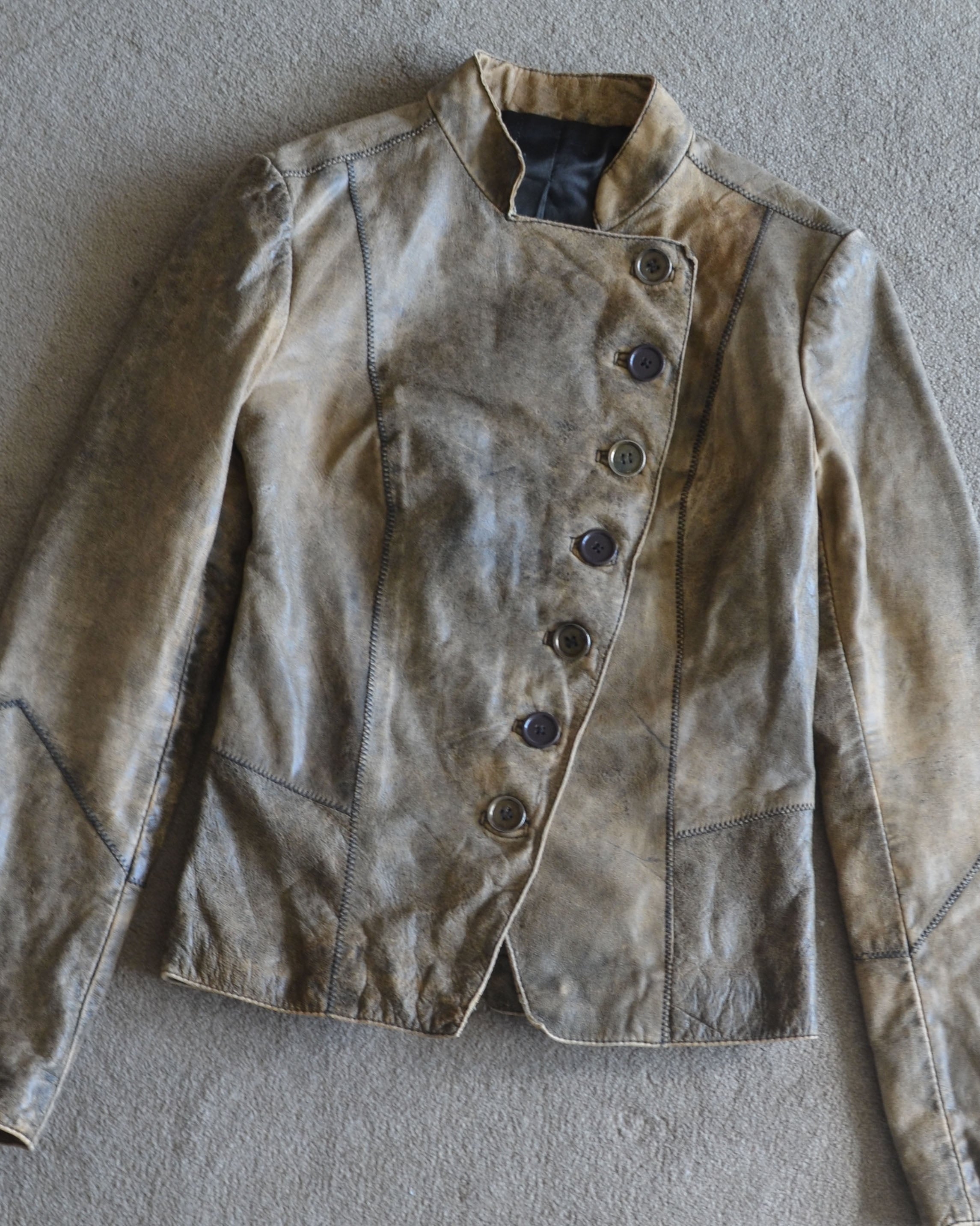 ASYMMETRICAL DISTRESSED LEATHER JACKET