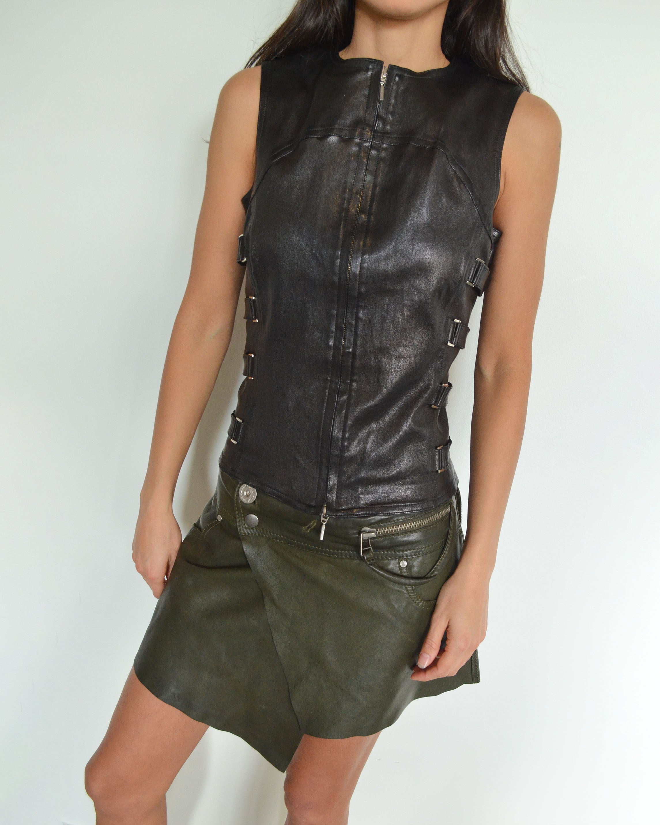 2000s LEATHER ASYMMETRIC MINI SKIRT