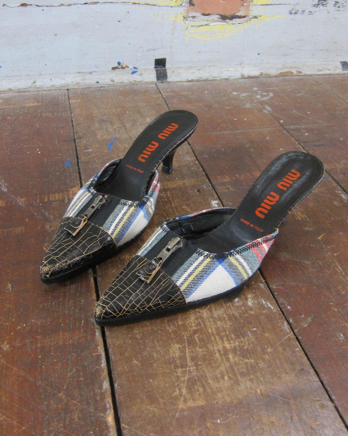2000S TARTAN LEATHER MULES