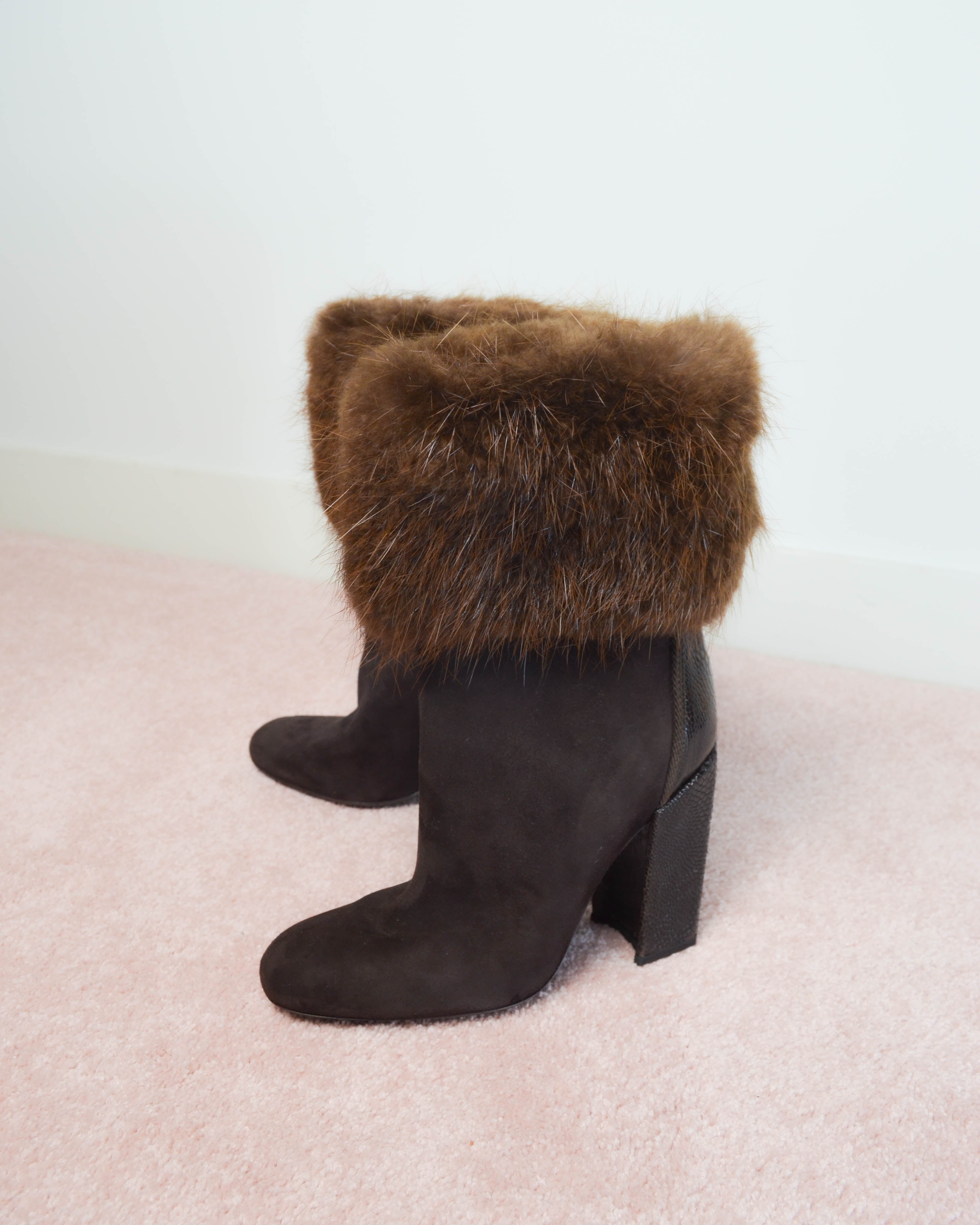 RIVE GAUCHE 2000s MINK FUR TRIM SUEDE BOOTS