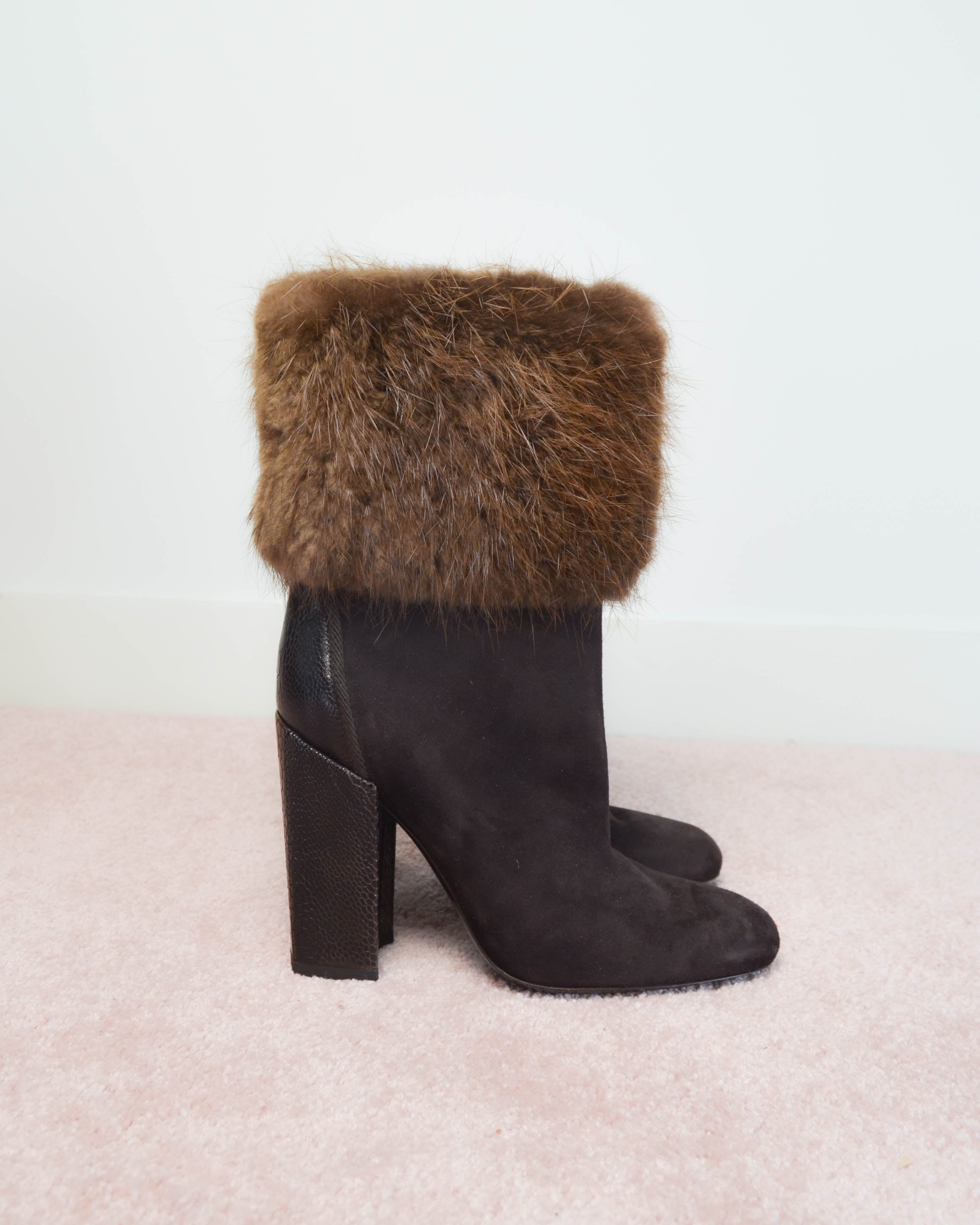 RIVE GAUCHE 2000s MINK FUR TRIM SUEDE BOOTS