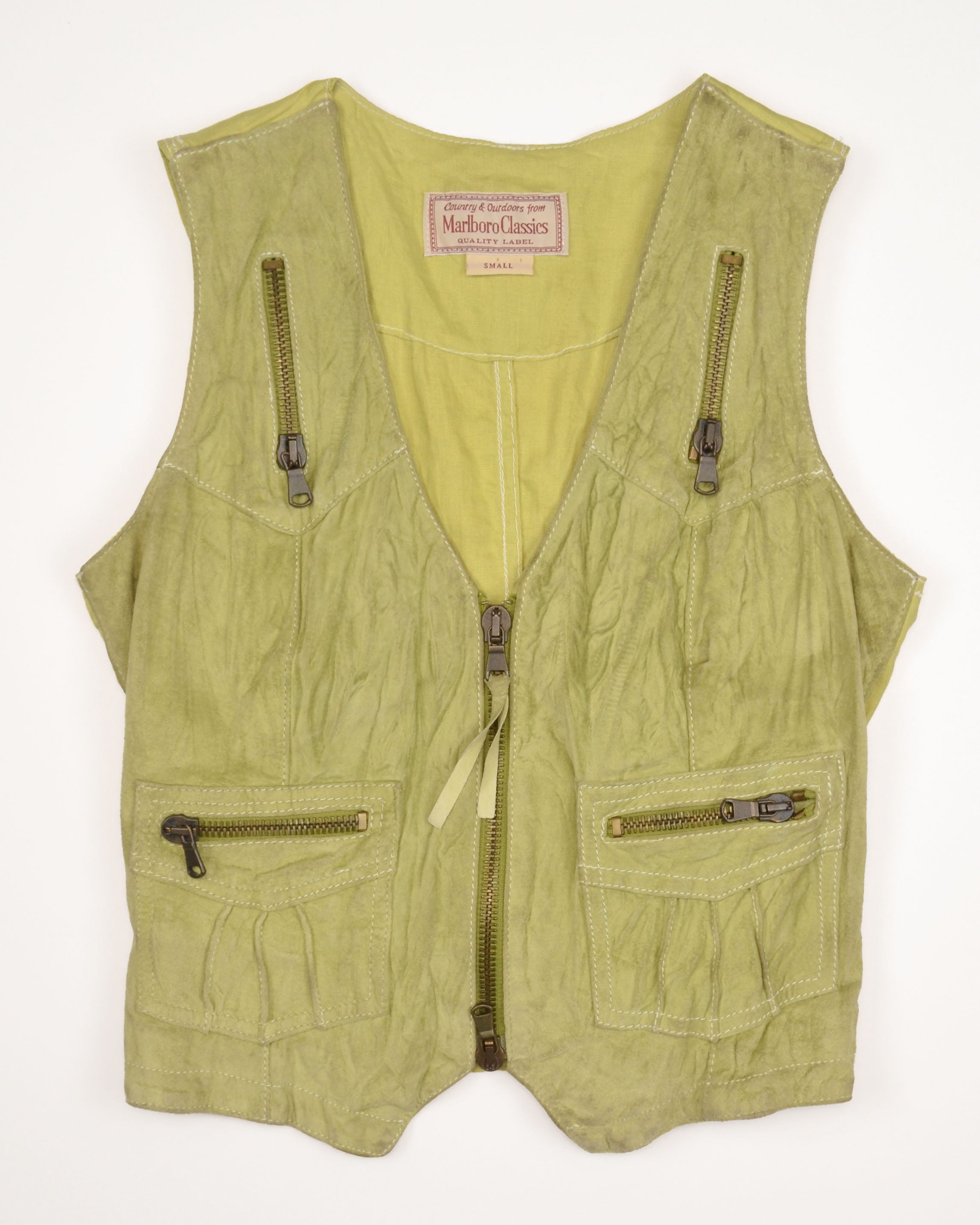 VINTAGE MARLBORO CLASSICS LIME GREEN SUEDE ZIP VEST