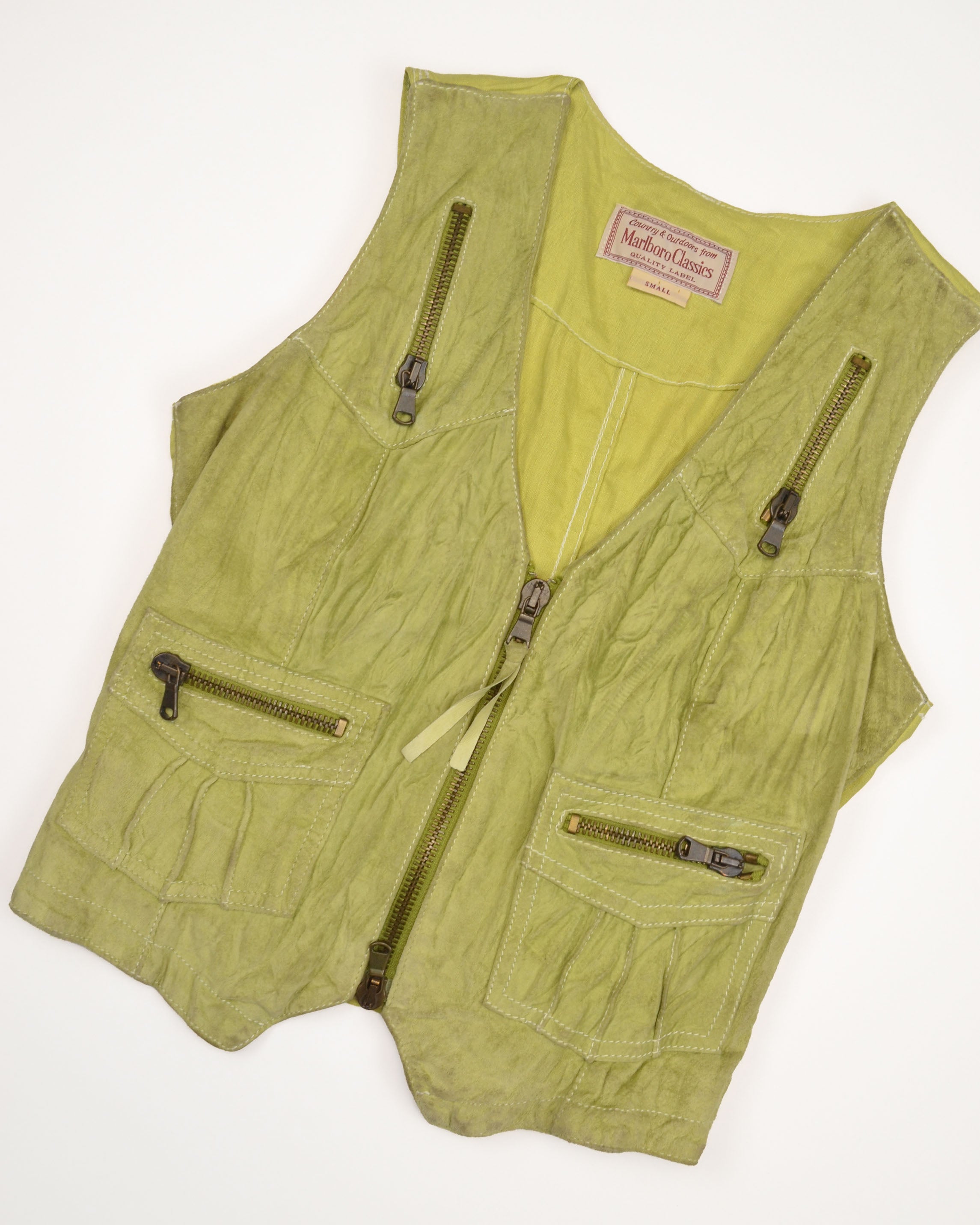 VINTAGE MARLBORO CLASSICS LIME GREEN SUEDE ZIP VEST