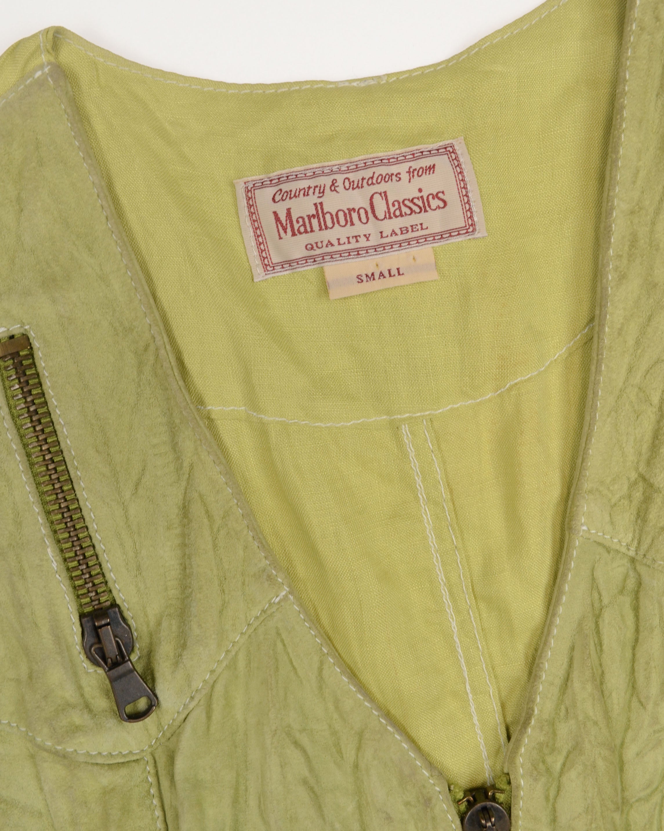 VINTAGE MARLBORO CLASSICS LIME GREEN SUEDE ZIP VEST
