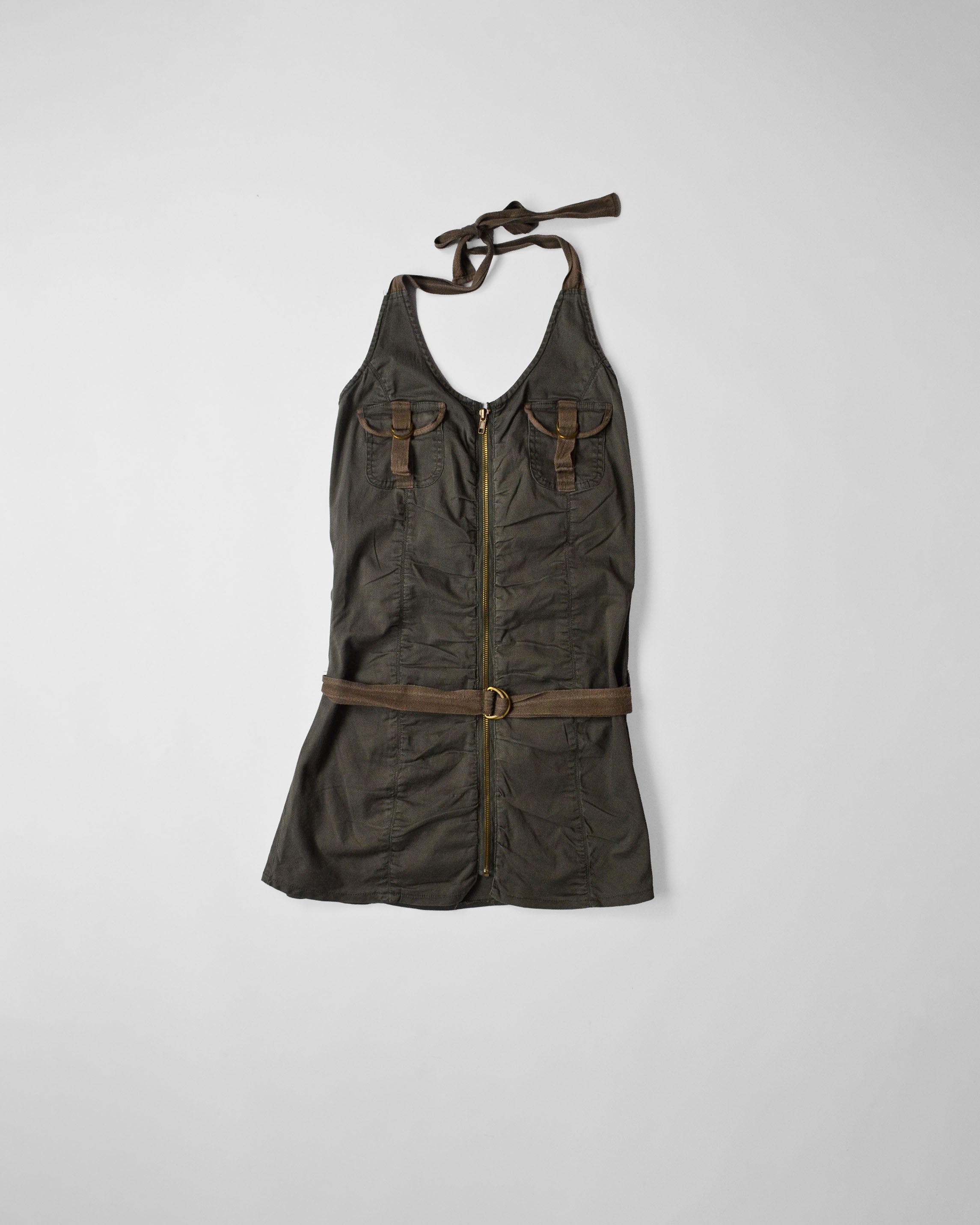 Y2K UTILITY HALTER MINI DRESS