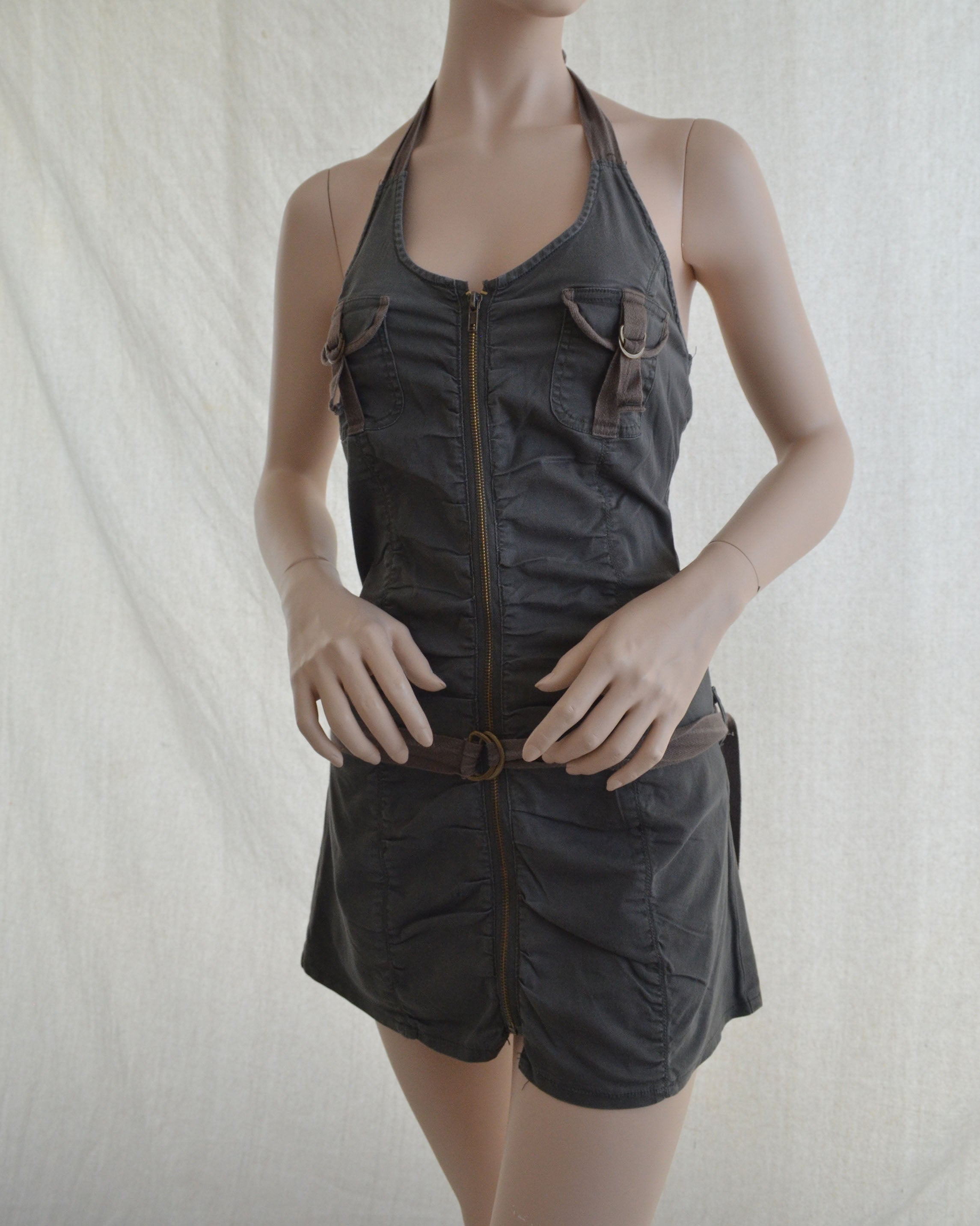 Y2K UTILITY HALTER MINI DRESS