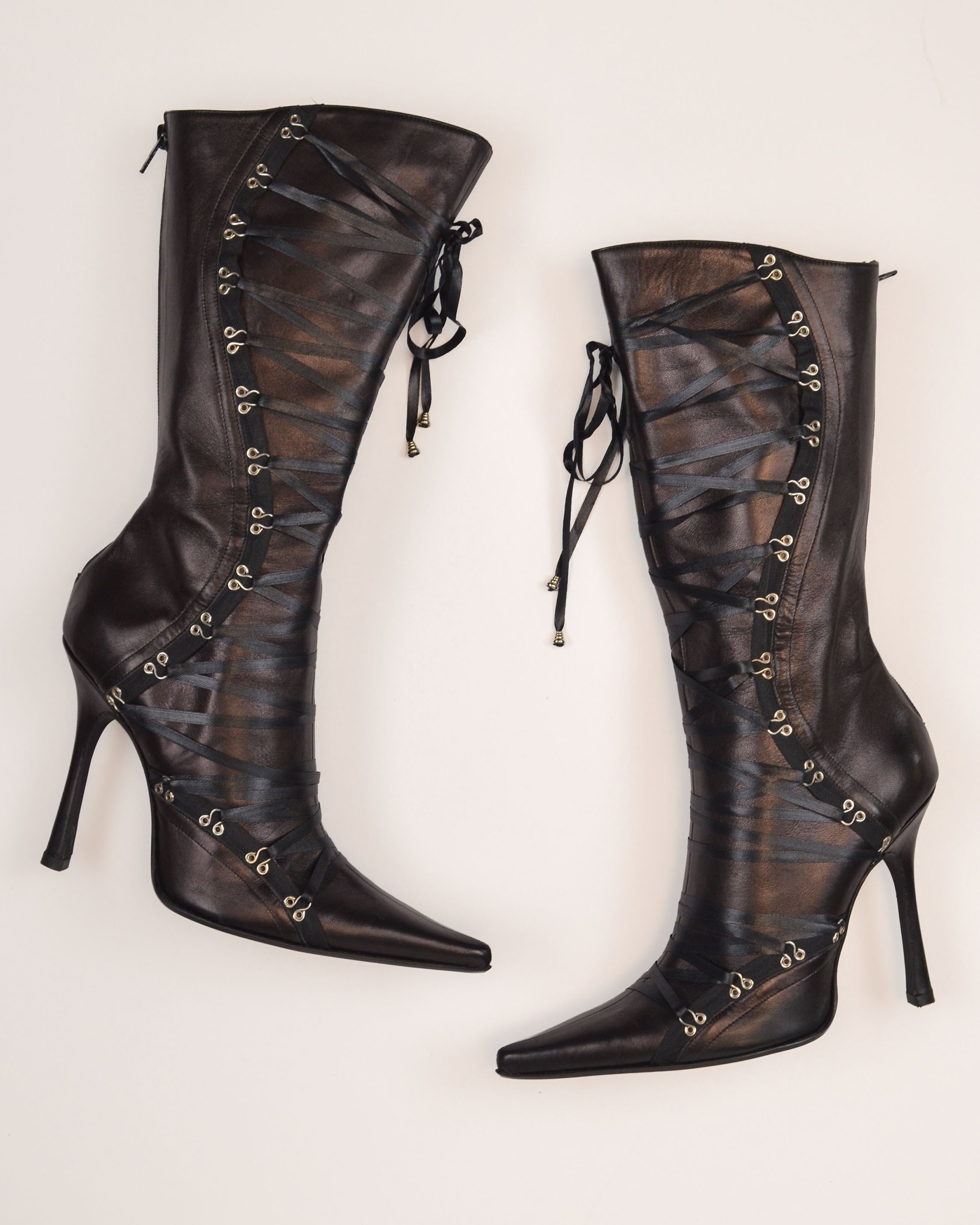 EARLY 2000s ITALIAN LEATHER LACE DETAIL KNEE HIGH BOOTS