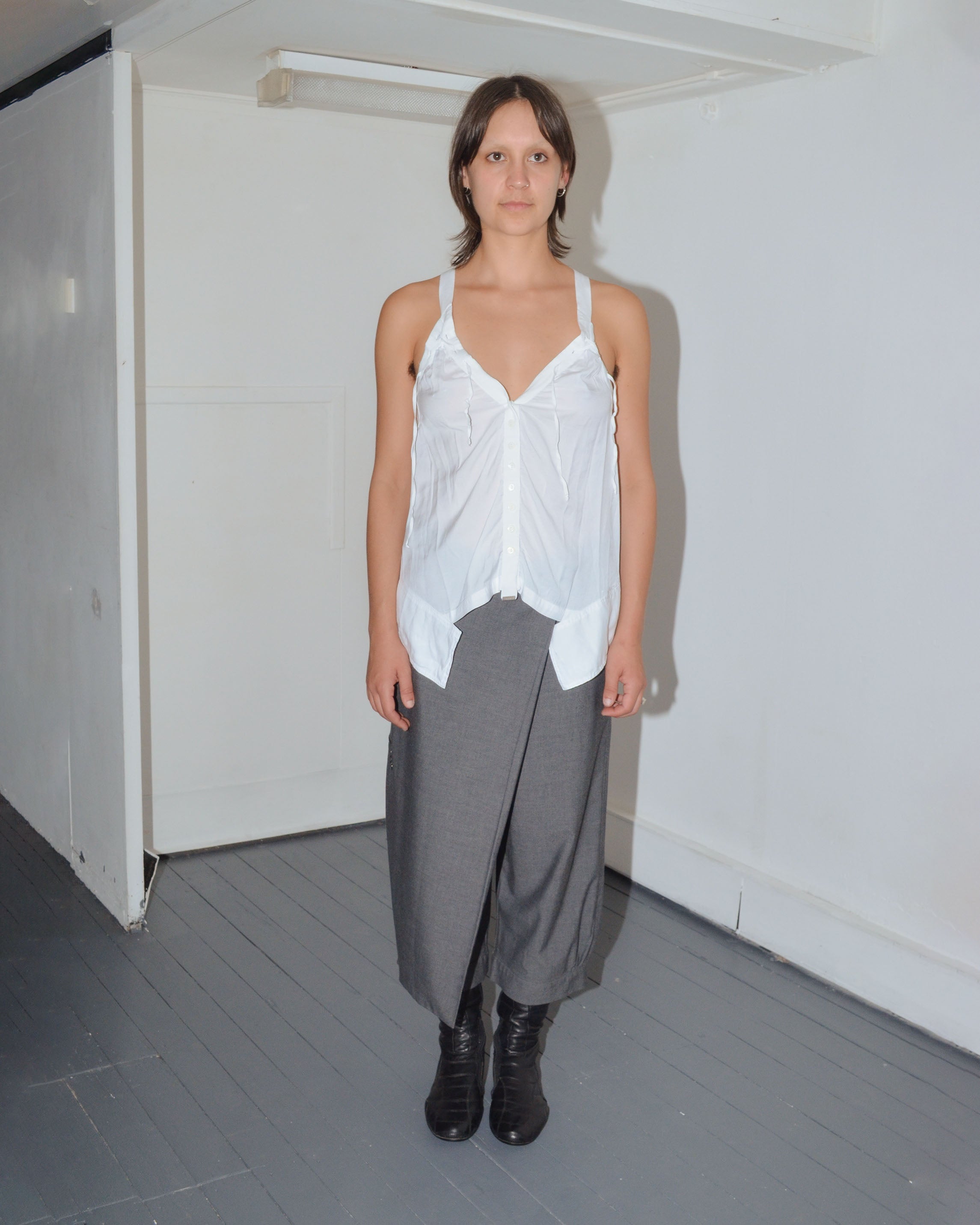 2000S GREY ASYMMETRIC WRAP CAPRI TROUSERS