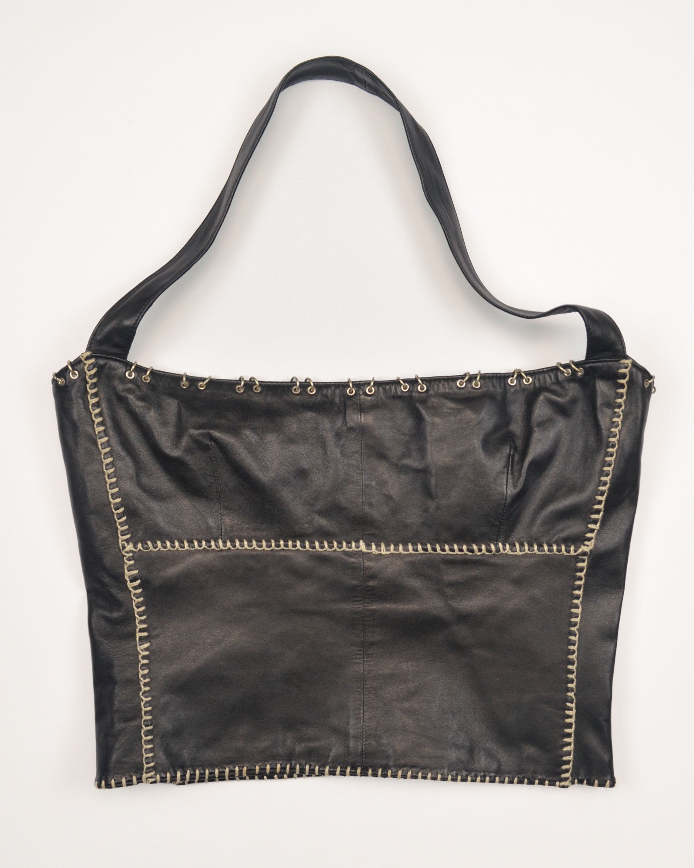 FW2001 BLACK LEATHER RING DETAIL HALTER TOP