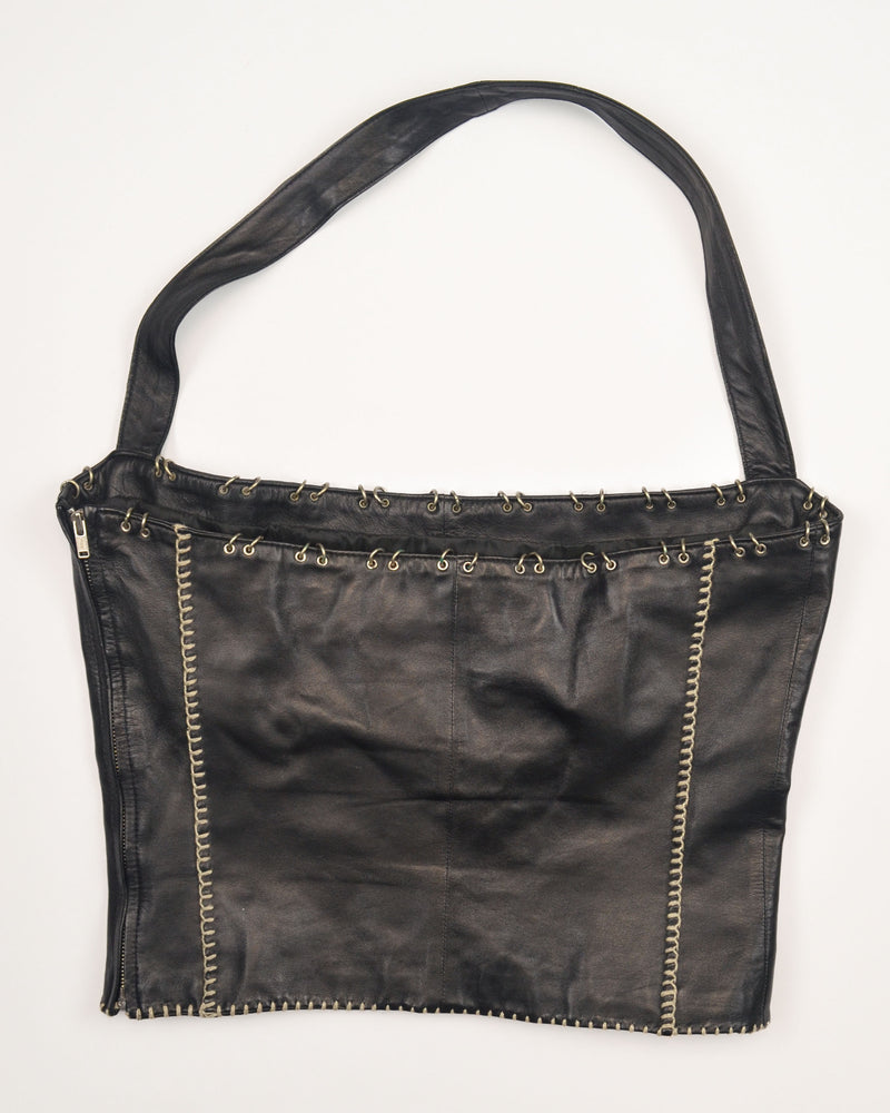 FW2001 BLACK LEATHER RING DETAIL HALTER TOP