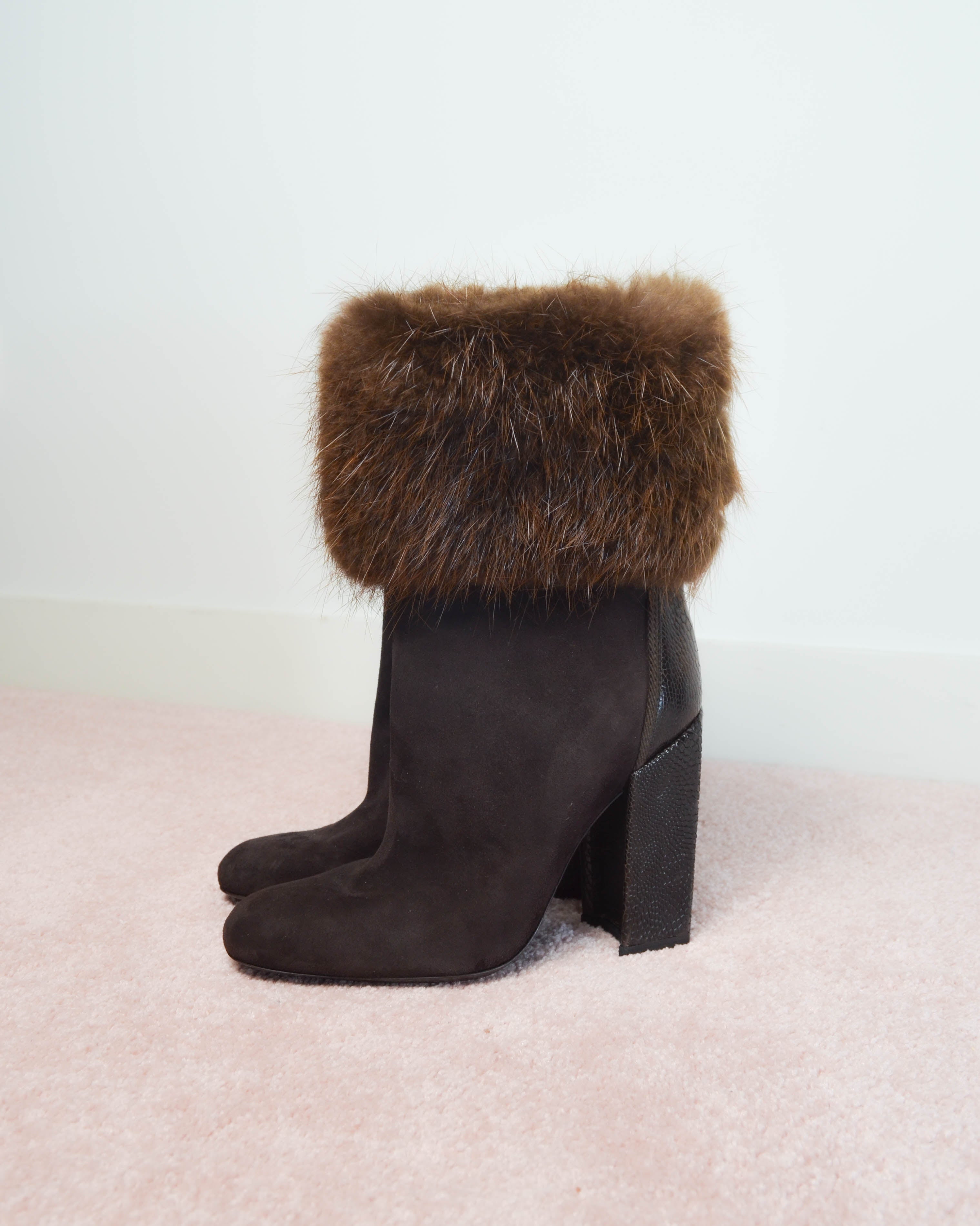 RIVE GAUCHE 2000s MINK FUR TRIM SUEDE BOOTS