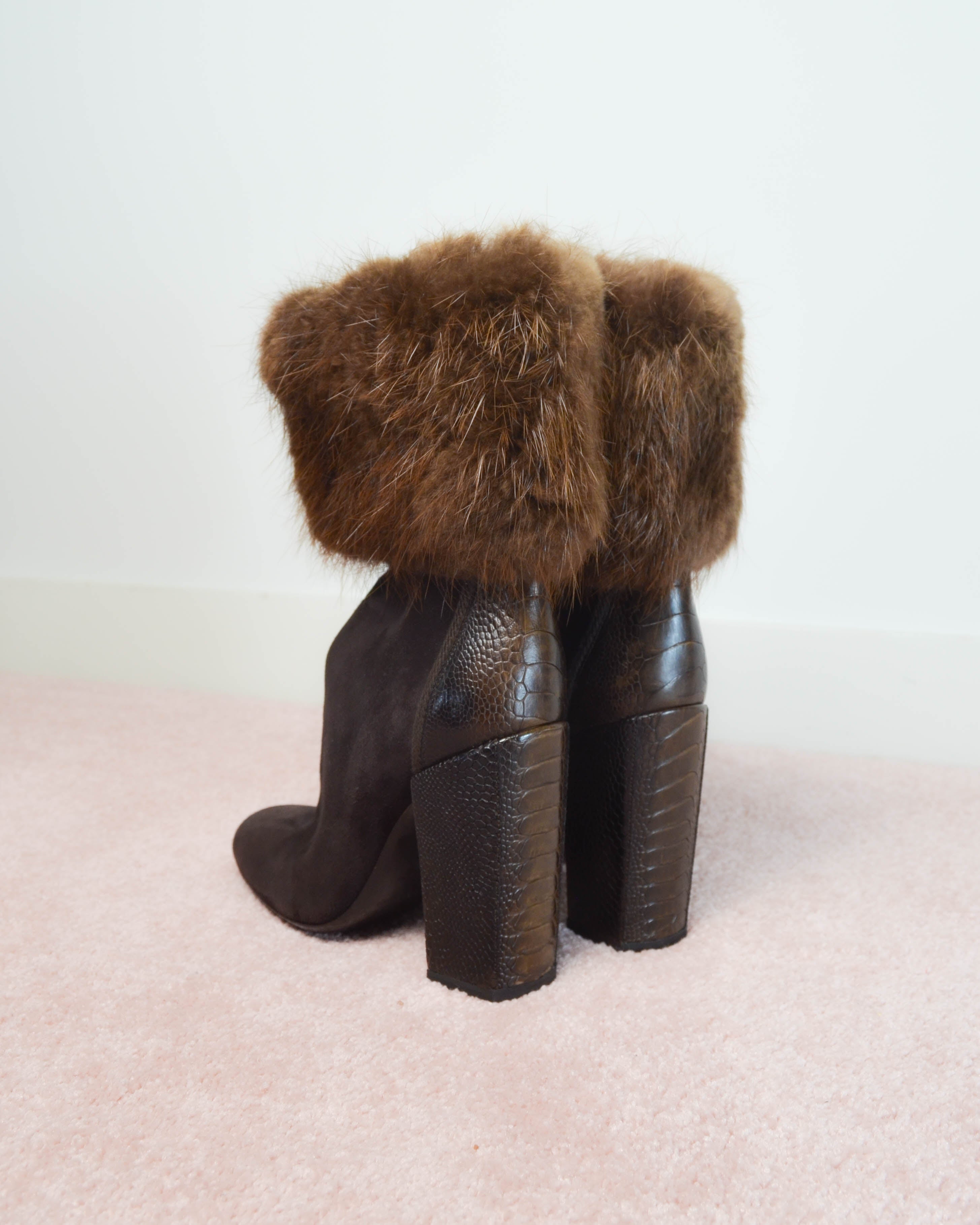 RIVE GAUCHE 2000s MINK FUR TRIM SUEDE BOOTS