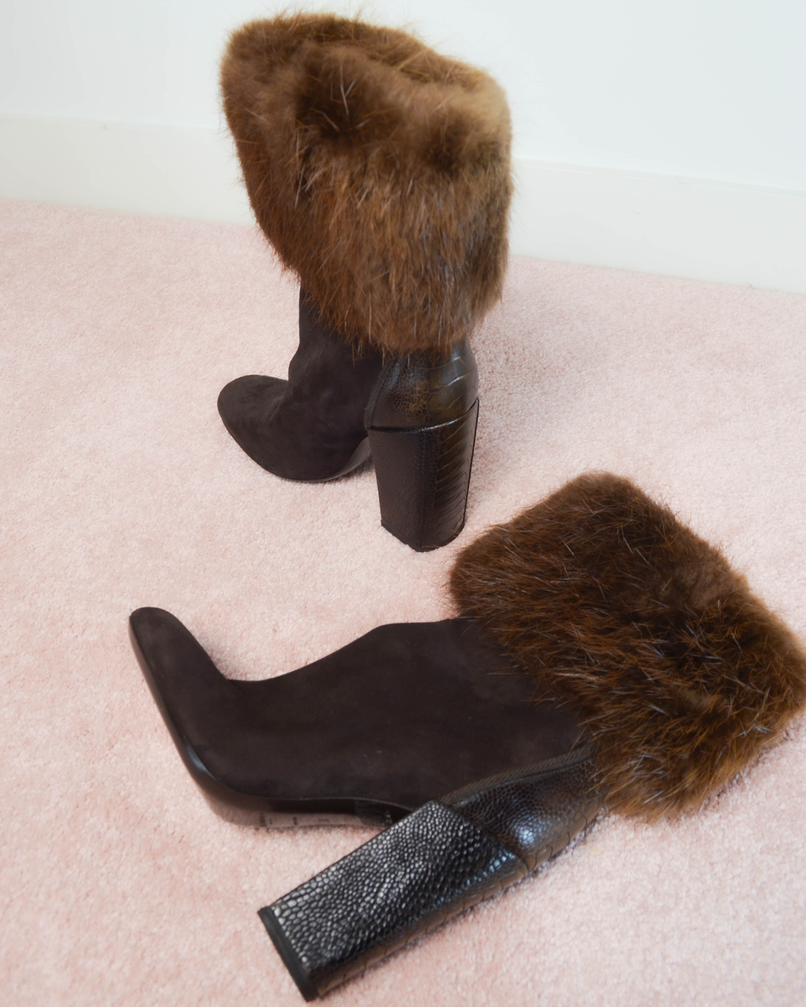 RIVE GAUCHE 2000s MINK FUR TRIM SUEDE BOOTS