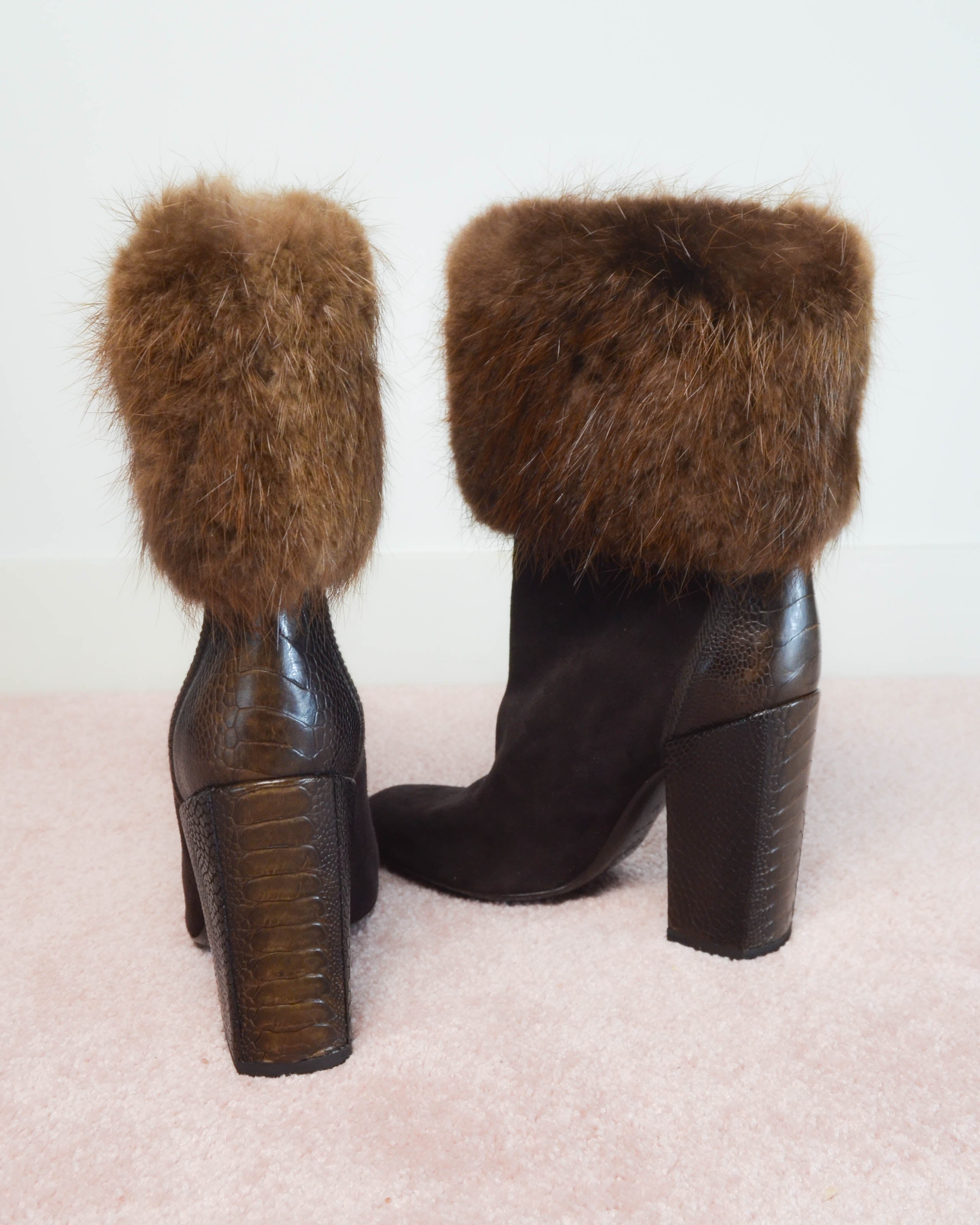 RIVE GAUCHE 2000s MINK FUR TRIM SUEDE BOOTS