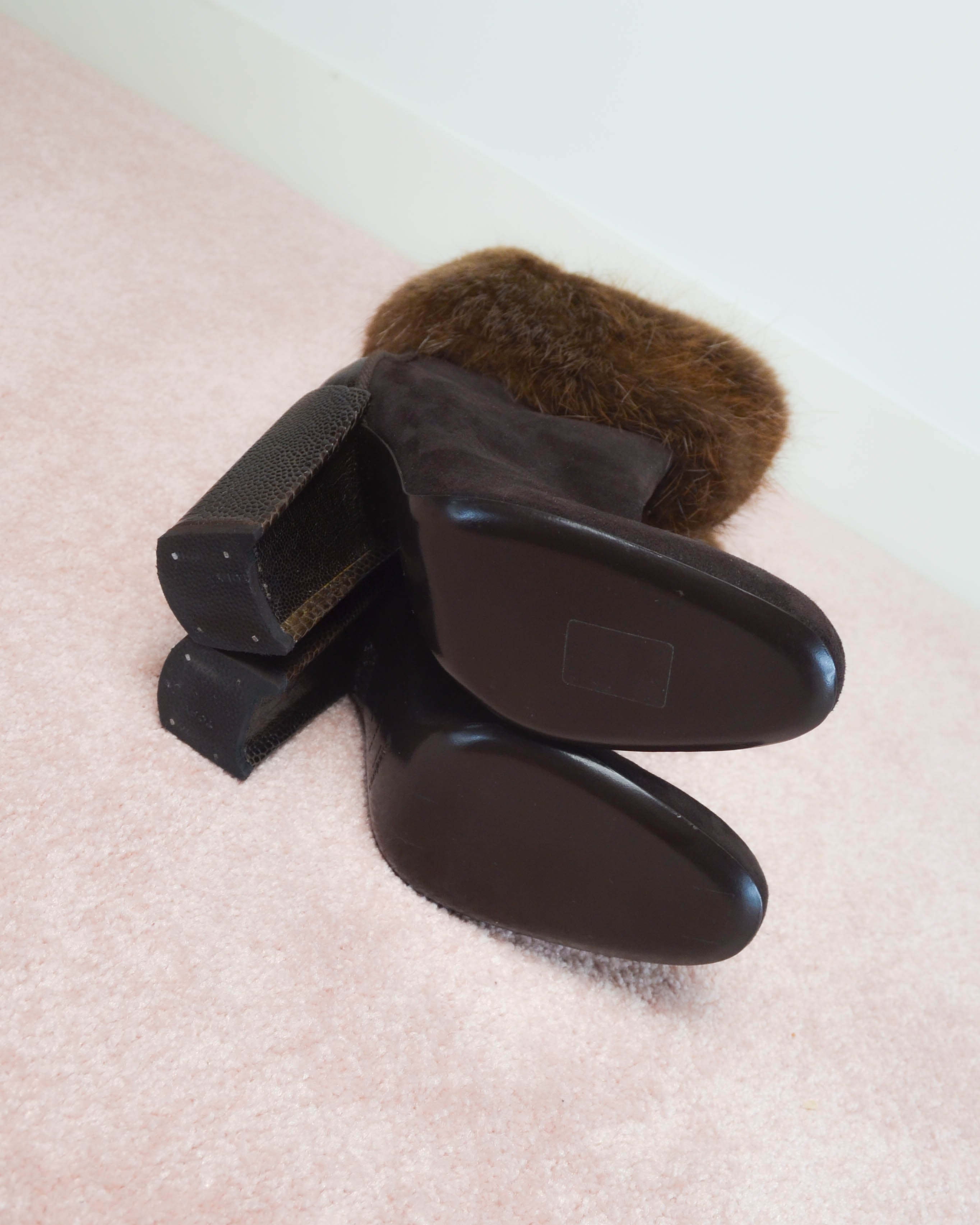 RIVE GAUCHE 2000s MINK FUR TRIM SUEDE BOOTS
