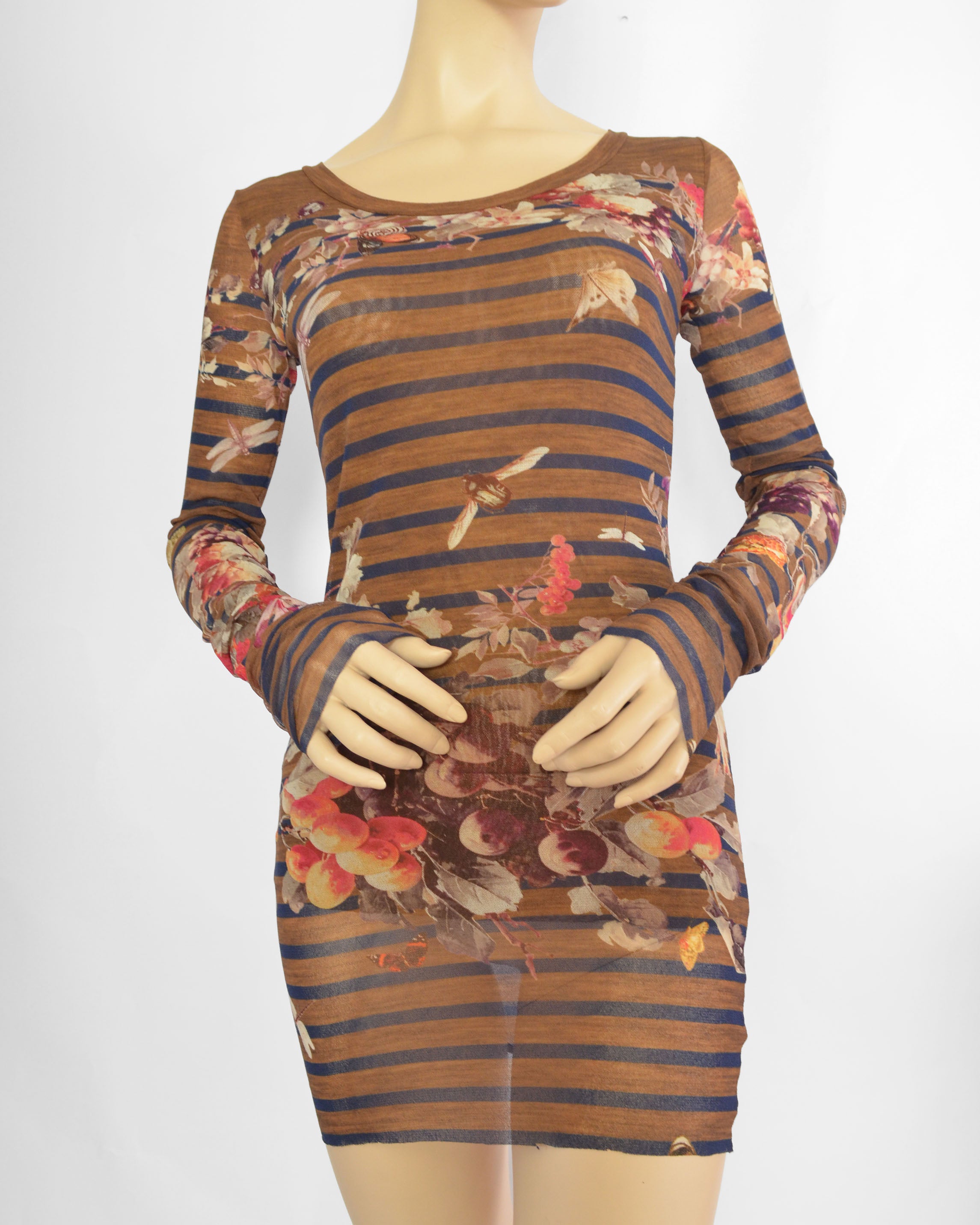 2000S STRIPED FLORAL MESH MINI DRESS
